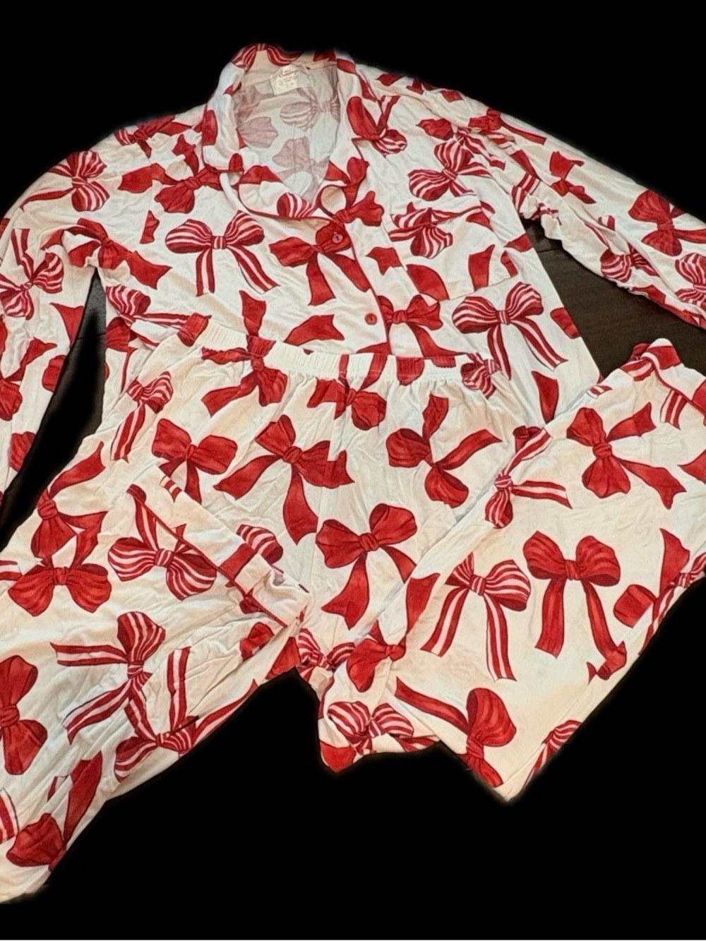 Women's Red Bow Print Pajama Set - Long Sleeve Button-Front